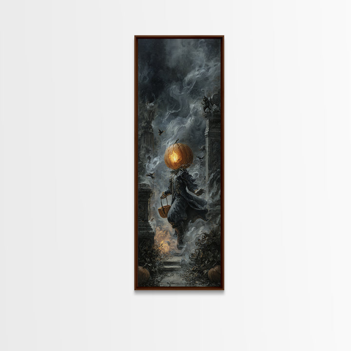 The Pumpkin-Headed Child, Tall Narrow Wall Art, Haunted Gothic Art, Framed Canvas Print, Halloween Wall Decor, Gothic Home Decor