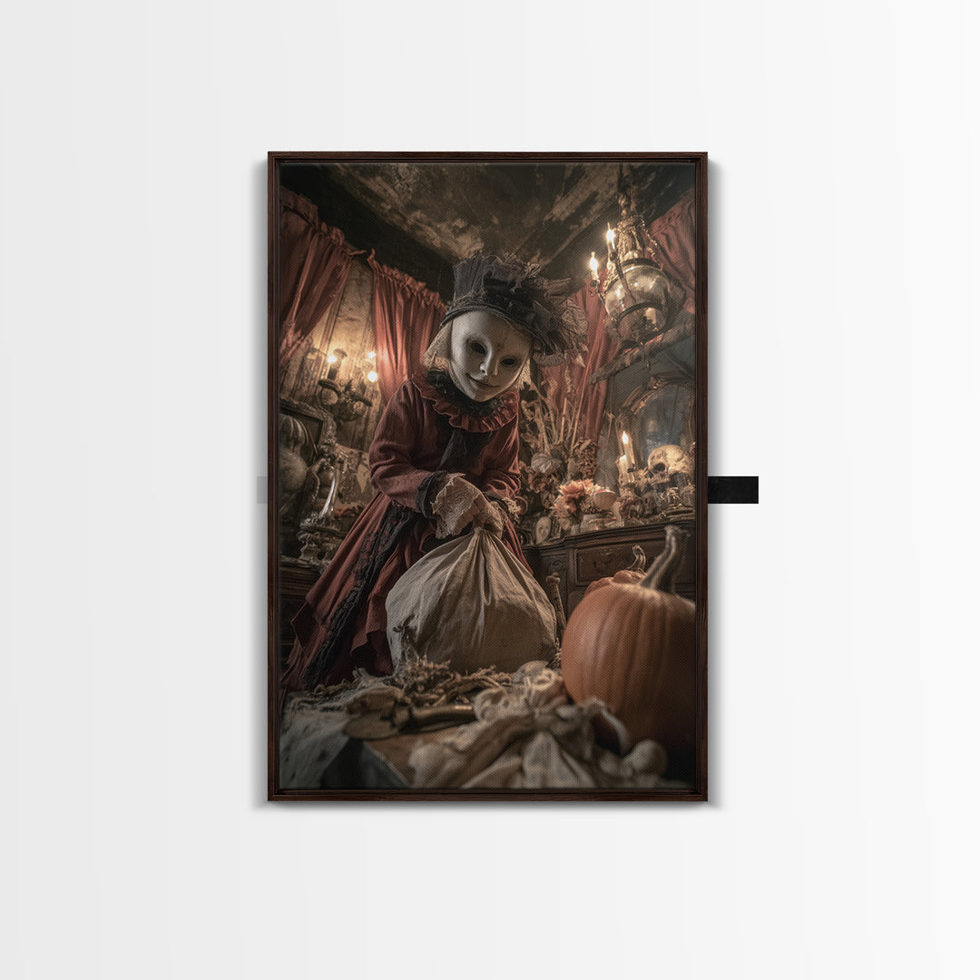 The Masked Candy Collector, Vertical Wall Art, Spooky Home Decor, Canvas Print, Halloween Wall Decor, Gothic Home Decor, Spooky Wall Decor