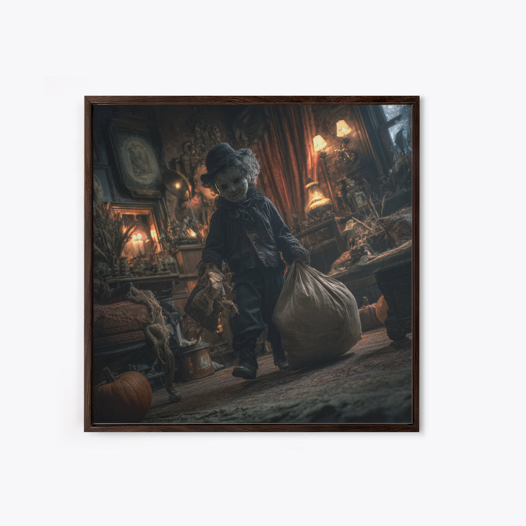 The Masked Candy Collector, Square Wall Art, Macabre Wall Art, Framed Canvas Print, Halloween Wall Decor, Gothic Home Decor
