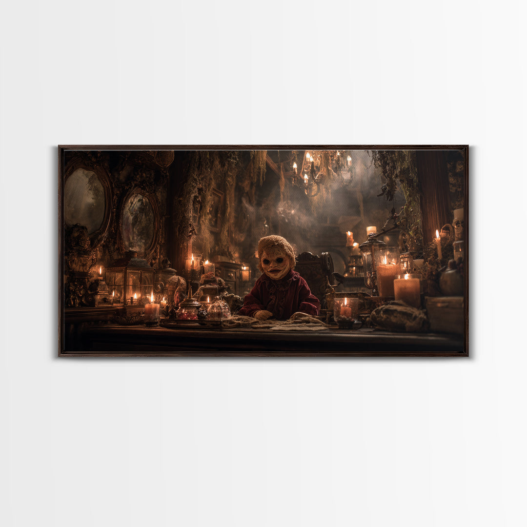 The Masked Candy Collector, Wide Panoramic Art, Dark Fantasy Wall Art, Canvas Print, Halloween Wall Decor, Gothic Home Decor