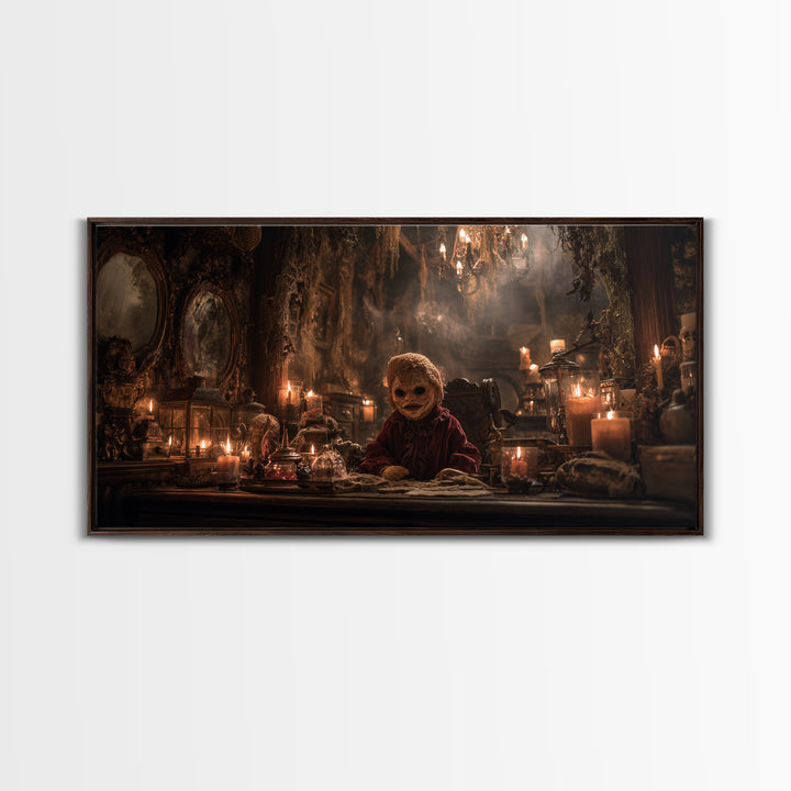 The Masked Candy Collector, Wide Panoramic Art, Dark Fantasy Wall Art, Canvas Print, Halloween Wall Decor, Gothic Home Decor