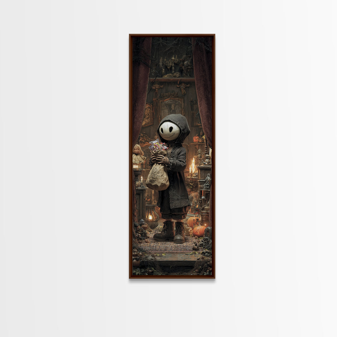 The Masked Candy Collector, Tall Narrow Wall Art, Spooky Home Decor, Canvas Print, Halloween Wall Decor, Gothic Home Decor, Horror Wall Art