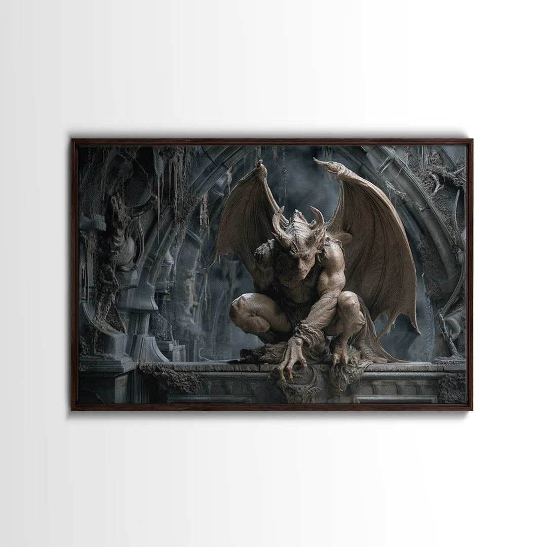 The Gargoyle Sentinel, Landscape Wall Art, Spooky Home Decor, Canvas Print, Halloween Wall Decor, Gothic Home Decor, Halloween Wall Art