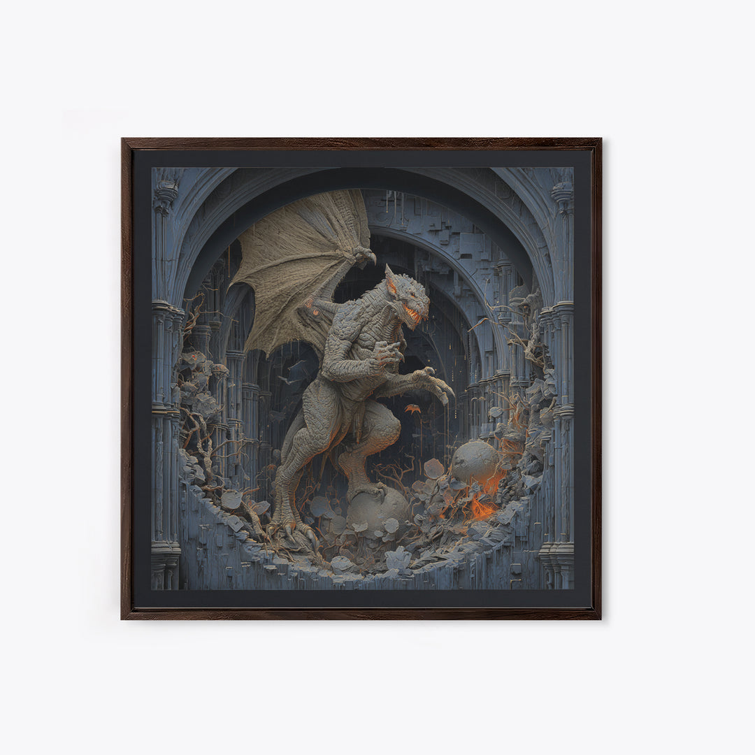 The Gargoyle Sentinel, Square Wall Art, Haunted Gothic Art, Framed Canvas Print, Halloween Wall Decor, Gothic Home Decor, Statement Wall Art