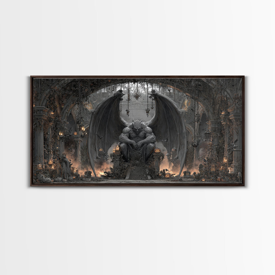 The Gargoyle Sentinel, Wide Panoramic Art, Gothic Horror Wall Art, Framed Canvas Print, Halloween Wall Decor, Gothic Home Decor