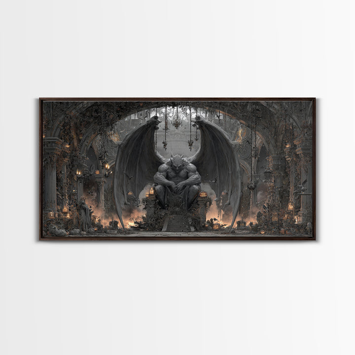 The Gargoyle Sentinel, Wide Panoramic Art, Gothic Horror Wall Art, Framed Canvas Print, Halloween Wall Decor, Gothic Home Decor