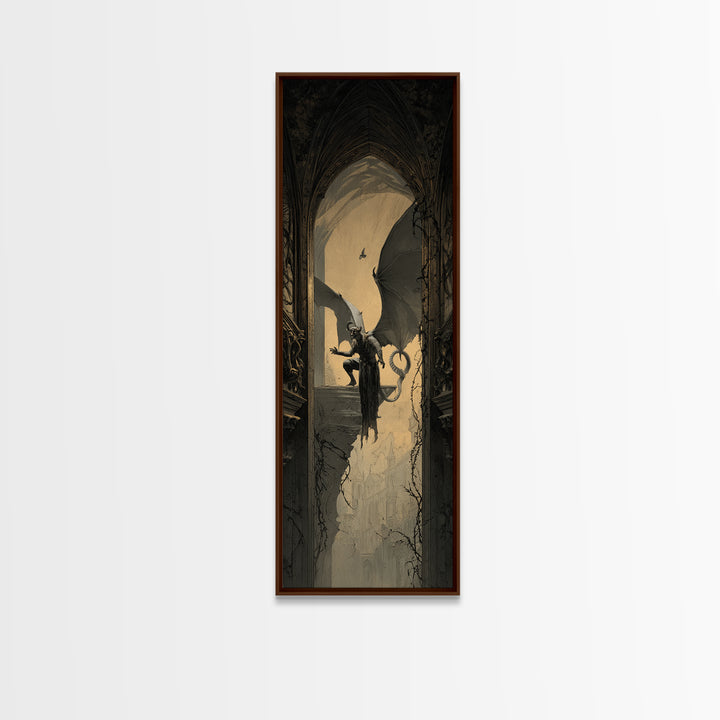 The Gargoyle Sentinel, Tall Narrow Wall Art, Dark Halloween Decor, Canvas Print, Halloween Wall Decor, Gothic Home Decor, Dark Fantasy Art