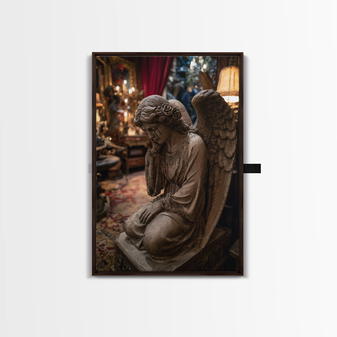 The Weeping Cemetery Angel, Vertical Wall Art, Haunted Gothic Art, Framed Canvas Print, Halloween Wall Decor, Gothic Home Decor
