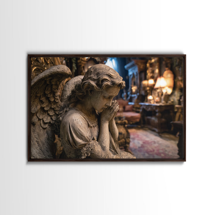 The Weeping Cemetery Angel, Landscape Wall Art, Haunted Gothic Art, Framed Canvas Print, Halloween Wall Decor, Gothic Home Decor