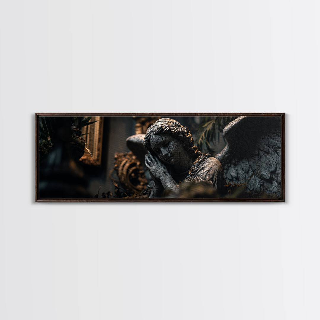 The Weeping Cemetery Angel, Extra Wide Wall Art, Macabre Wall Art, Framed Canvas Print, Halloween Wall Decor, Gothic Home Decor