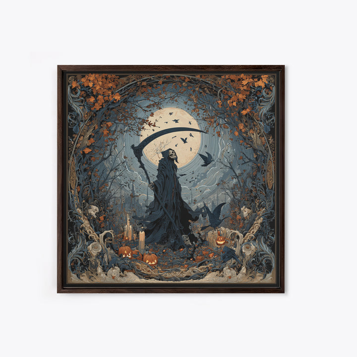 The Fog-Bound Reaper, Square Wall Art, Macabre Wall Art, Framed Canvas Print, Halloween Wall Decor, Gothic Home Decor, Horror Wall Art