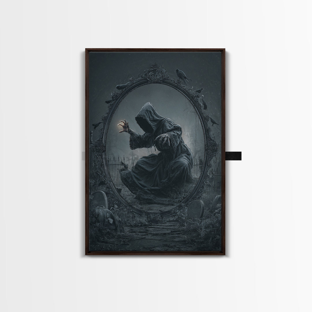 The Mirror Spirit, Vertical Wall Art, Gothic Horror Wall Art, Framed Canvas Print, Halloween Wall Decor, Gothic Home Decor, Macabre Wall Art