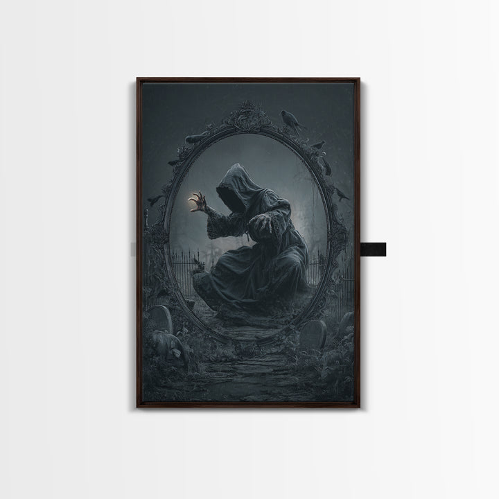 The Mirror Spirit, Vertical Wall Art, Gothic Horror Wall Art, Framed Canvas Print, Halloween Wall Decor, Gothic Home Decor, Macabre Wall Art