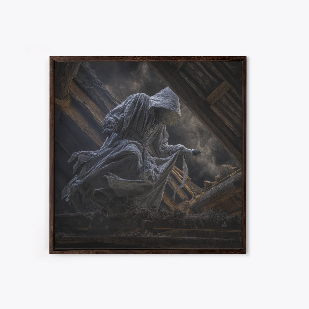 The Attic Whisperer, Square Wall Art, Gothic Horror Wall Art, Framed Canvas Print, Halloween Wall Decor, Gothic Home Decor