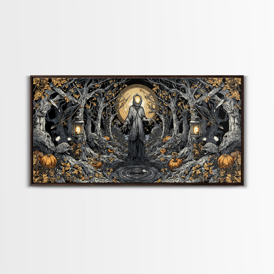 The Lantern Specter, Wide Panoramic Art, Gothic Horror Wall Art, Framed Canvas Print, Halloween Wall Decor, Gothic Home Decor