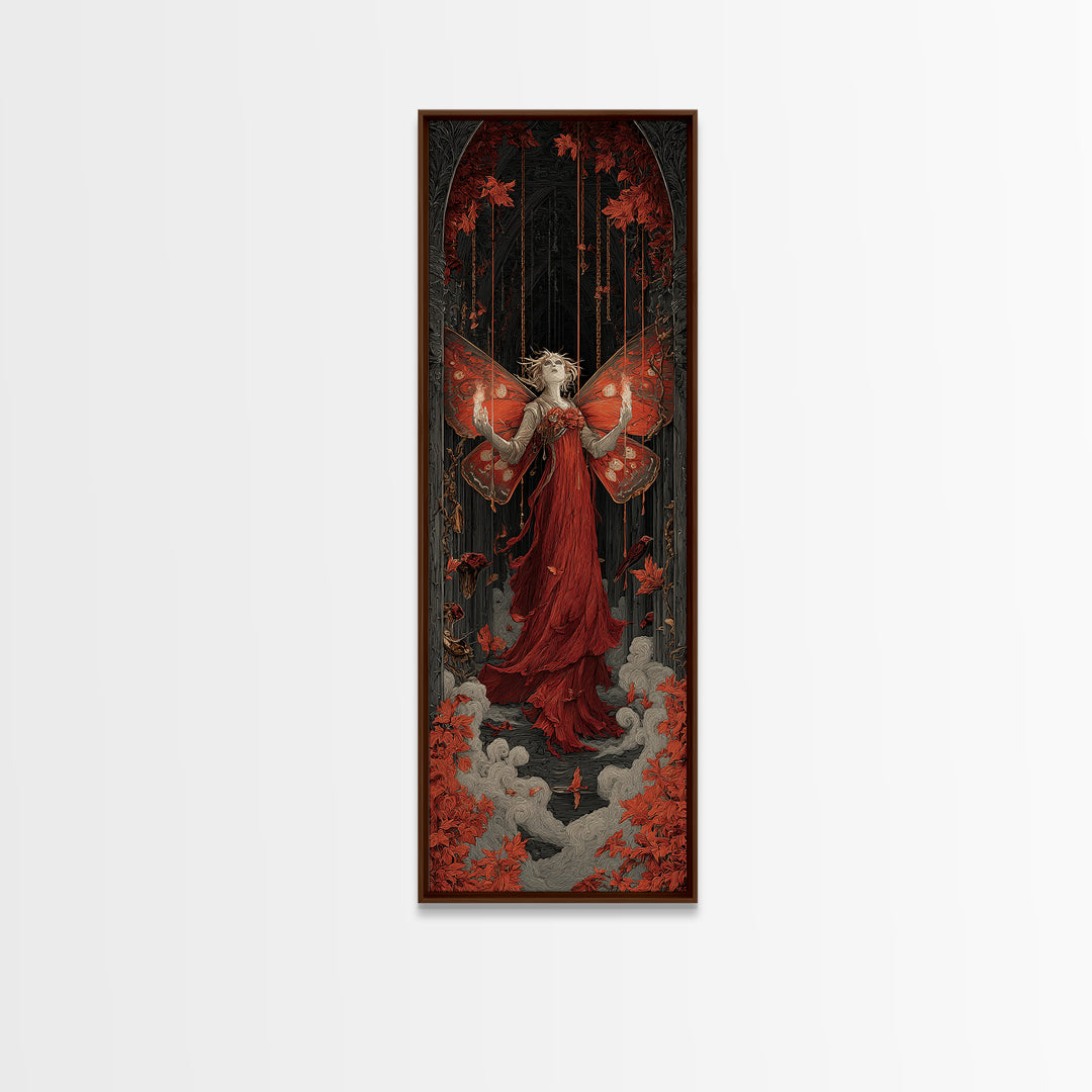 The Velvet Moth Witch, Tall Narrow Wall Art, Macabre Wall Art, Framed Canvas Print, Halloween Wall Decor, Gothic Home Decor