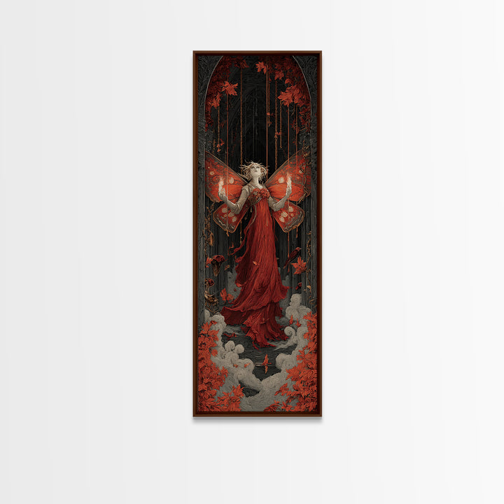 The Velvet Moth Witch, Tall Narrow Wall Art, Macabre Wall Art, Framed Canvas Print, Halloween Wall Decor, Gothic Home Decor
