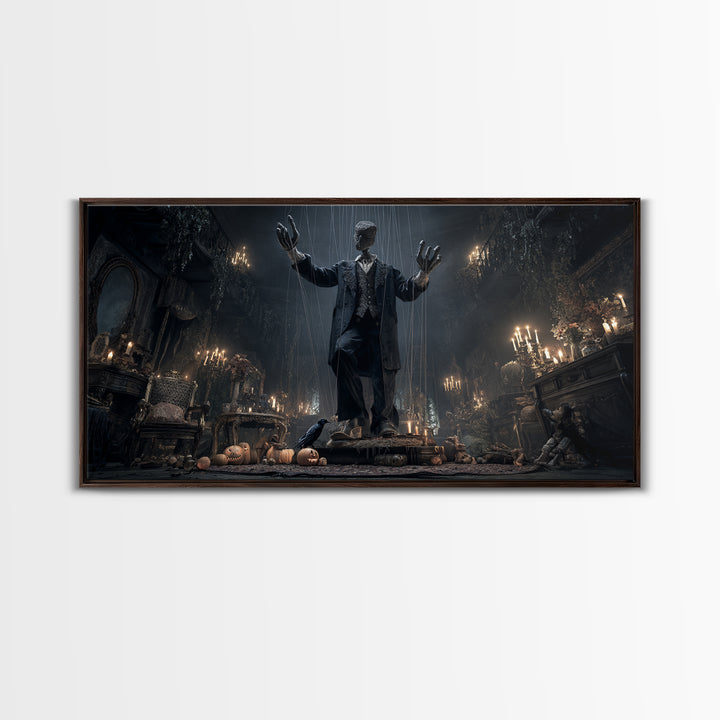 The Marionette Master, Wide Panoramic Art, Macabre Wall Art, Framed Canvas Print, Halloween Wall Decor, Gothic Home Decor, Spooky Wall Decor