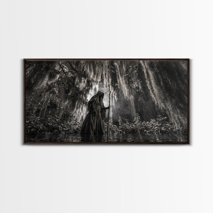 The Swamp Witch, Wide Panoramic Art, Gothic Horror Wall Art, Framed Canvas Print, Halloween Wall Decor, Gothic Home Decor