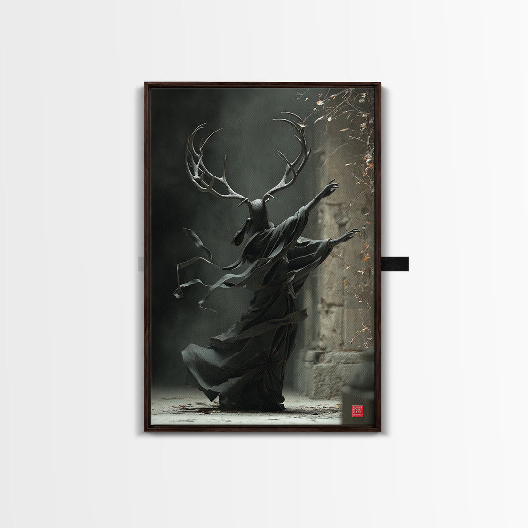 The Antlered Forest Spirit, Vertical Wall Art, Macabre Wall Art, Framed Canvas Print, Halloween Wall Decor, Gothic Home Decor