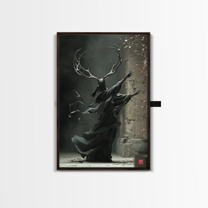 The Antlered Forest Spirit, Vertical Wall Art, Macabre Wall Art, Framed Canvas Print, Halloween Wall Decor, Gothic Home Decor