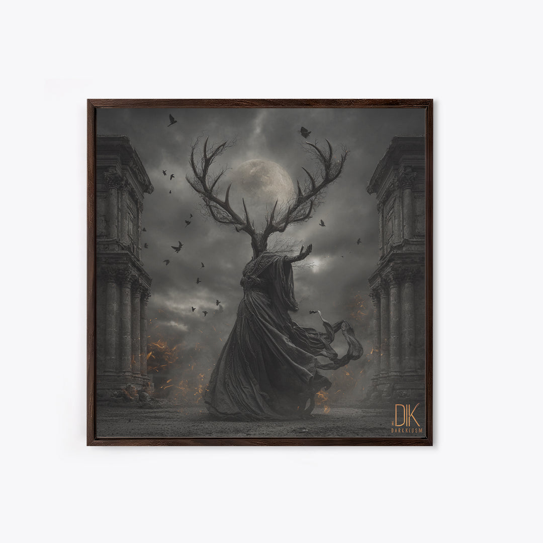 The Antlered Forest Spirit, Square Wall Art, Haunted Gothic Art, Framed Canvas Print, Halloween Wall Decor, Gothic Home Decor