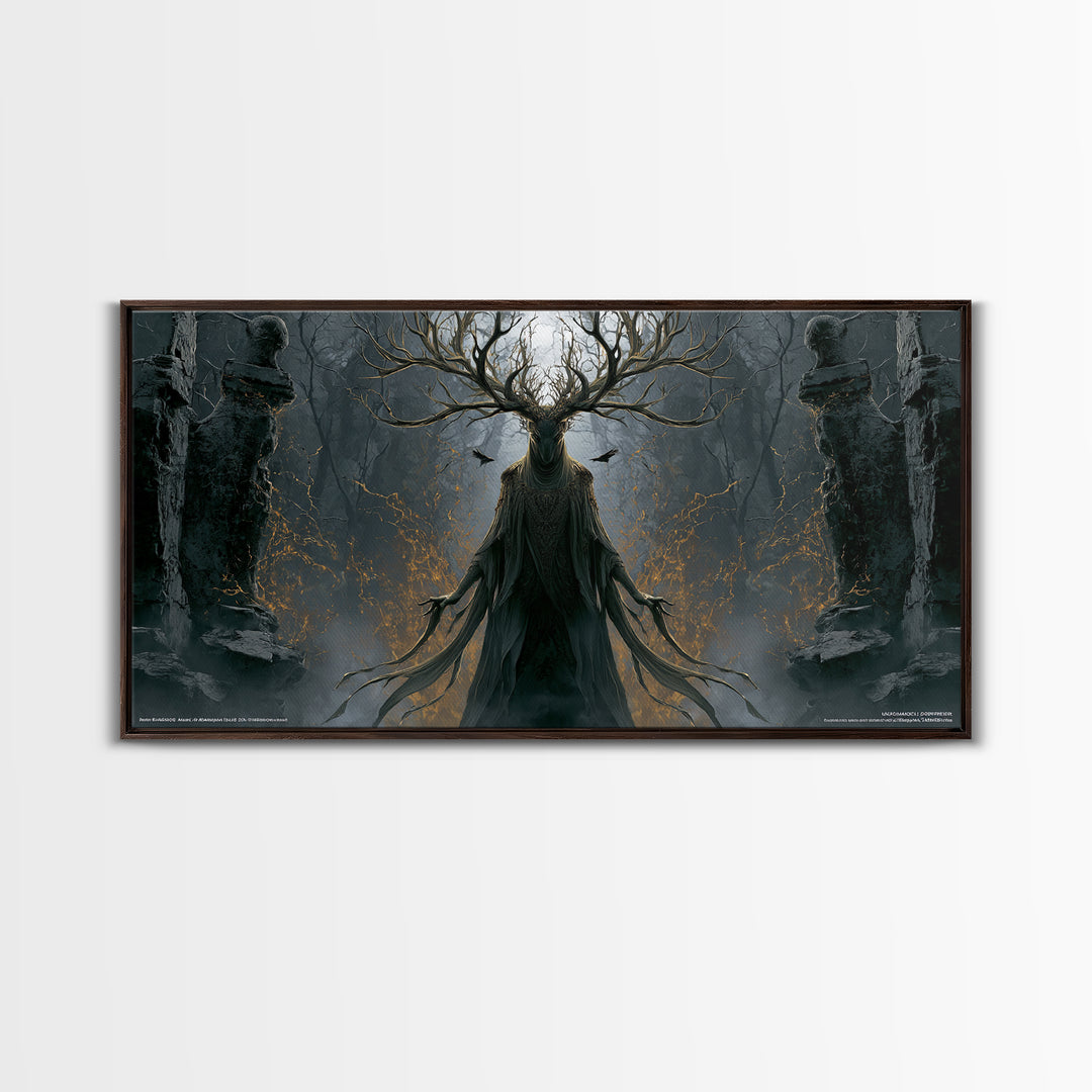 The Antlered Forest Spirit, Wide Panoramic Art, Gothic Horror Wall Art, Framed Canvas Print, Halloween Wall Decor, Gothic Home Decor