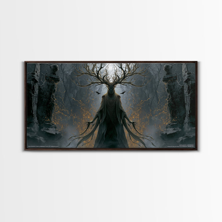 The Antlered Forest Spirit, Wide Panoramic Art, Gothic Horror Wall Art, Framed Canvas Print, Halloween Wall Decor, Gothic Home Decor