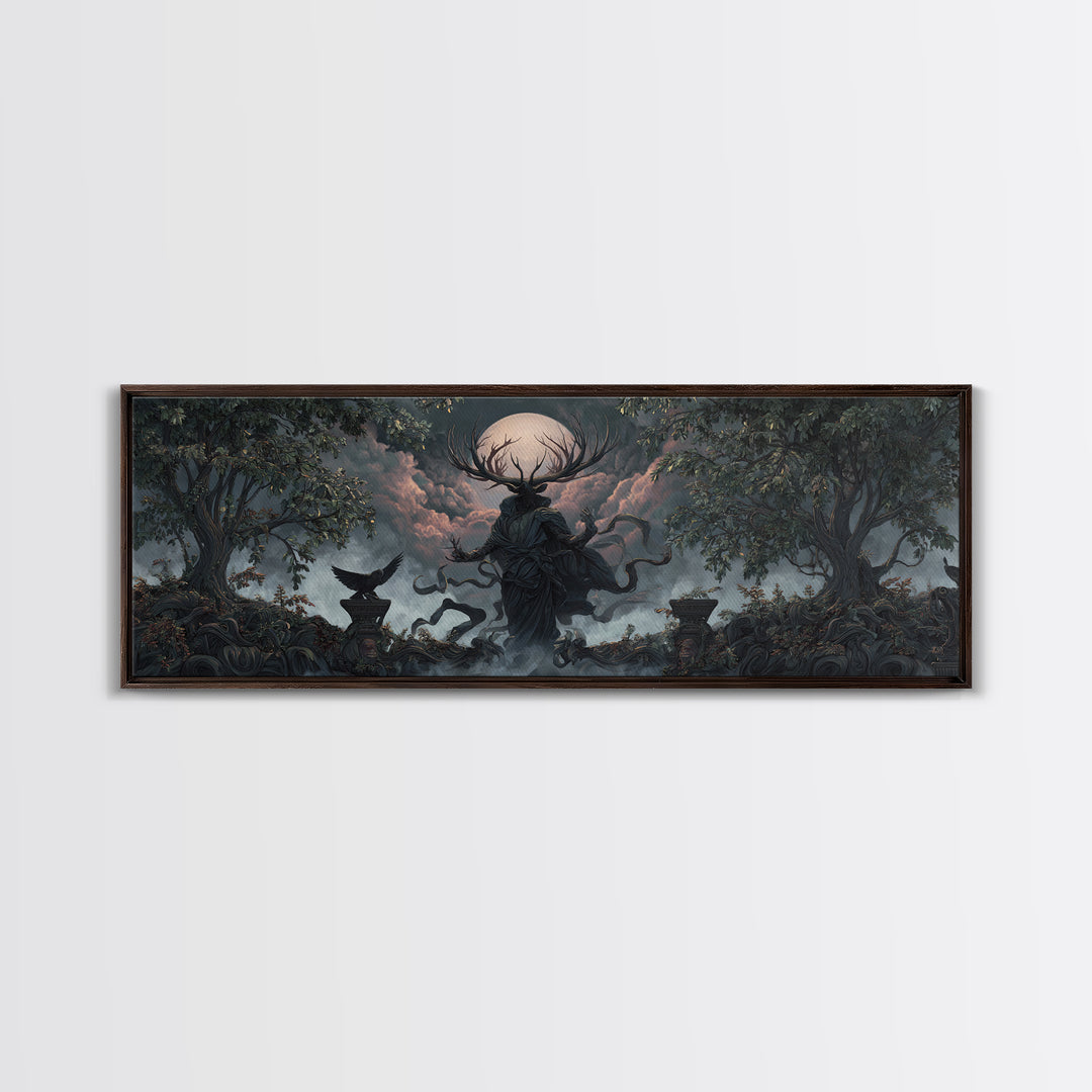 The Antlered Forest Spirit, Extra Wide Wall Art, Dark Fantasy Wall Art, Canvas Print, Halloween Wall Decor, Gothic Home Decor