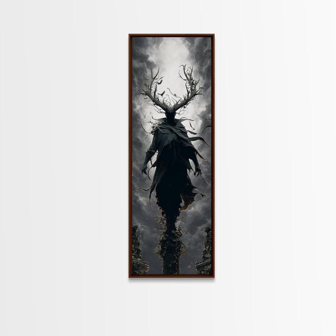 The Antlered Forest Spirit, Tall Narrow Wall Art, Macabre Wall Art, Framed Canvas Print, Halloween Wall Decor, Gothic Home Decor