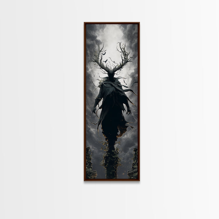 The Antlered Forest Spirit, Tall Narrow Wall Art, Macabre Wall Art, Framed Canvas Print, Halloween Wall Decor, Gothic Home Decor