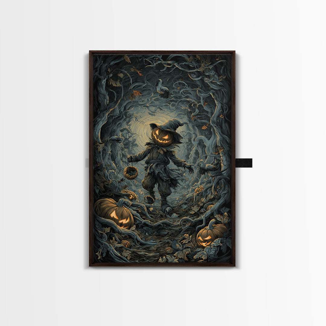 The Pumpkin Patch Goblin, Vertical Wall Art, Macabre Wall Art, Framed Canvas Print, Halloween Wall Decor, Gothic Home Decor