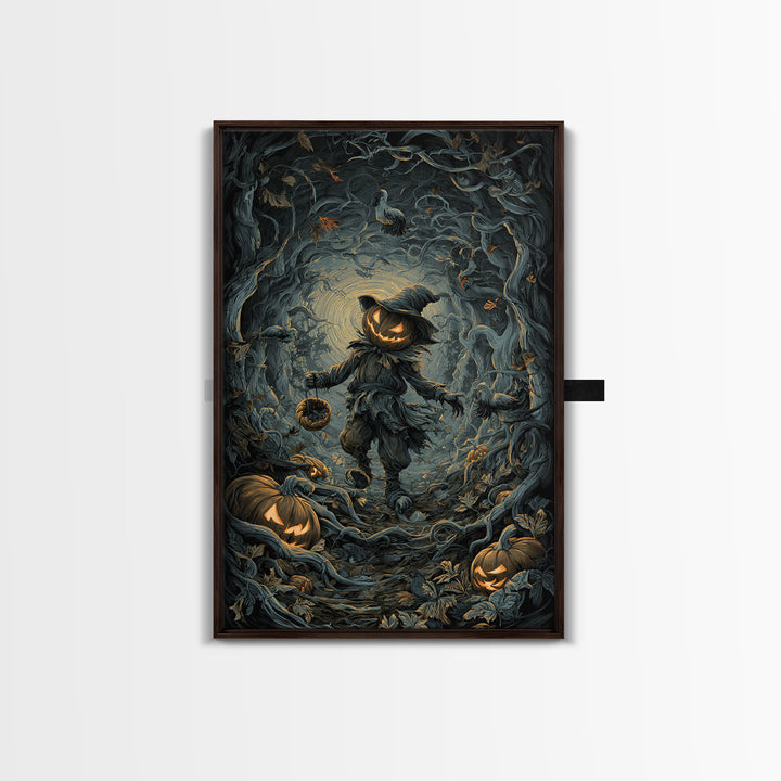 The Pumpkin Patch Goblin, Vertical Wall Art, Macabre Wall Art, Framed Canvas Print, Halloween Wall Decor, Gothic Home Decor