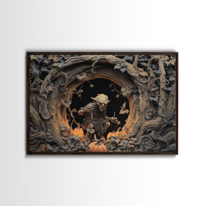 The Pumpkin Patch Goblin, Landscape Wall Art, Dark Halloween Decor, Canvas Print, Halloween Wall Decor, Gothic Home Decor