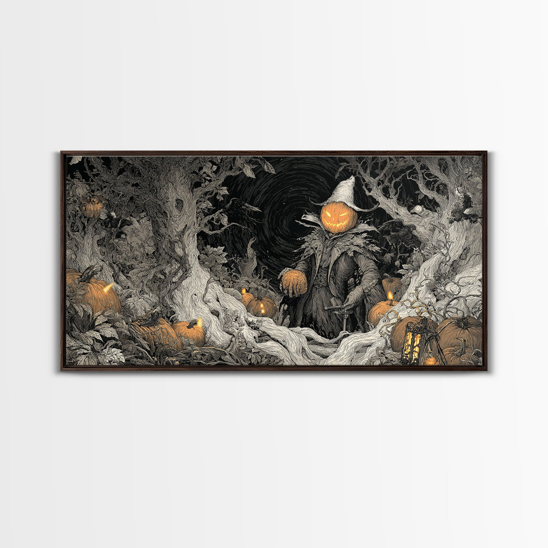 The Pumpkin Patch Goblin, Wide Panoramic Art, Spooky Home Decor, Canvas Print, Halloween Wall Decor, Gothic Home Decor, Spooky Wall Decor