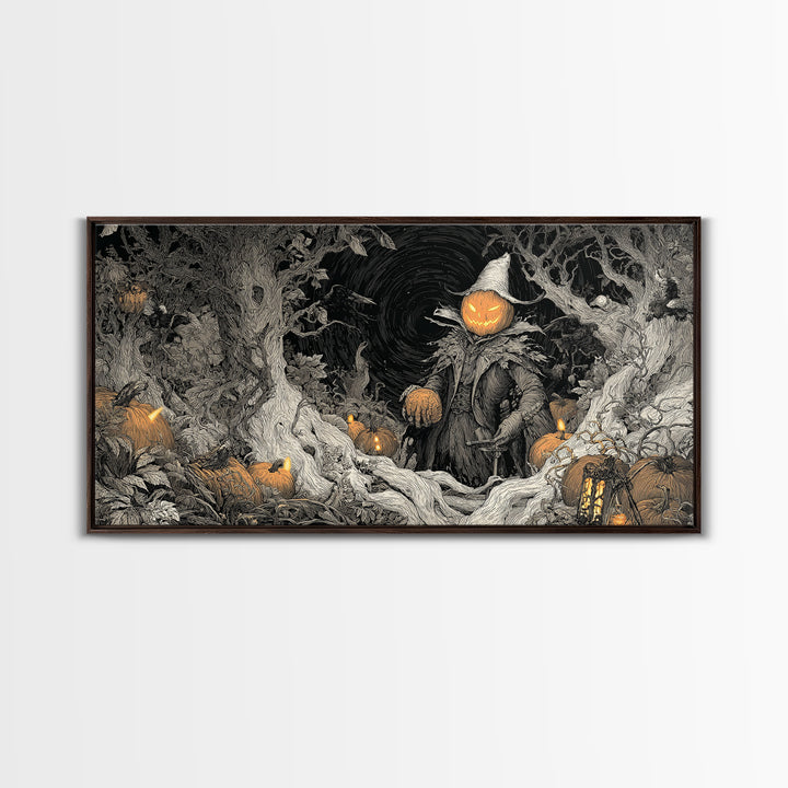 The Pumpkin Patch Goblin, Wide Panoramic Art, Spooky Home Decor, Canvas Print, Halloween Wall Decor, Gothic Home Decor, Spooky Wall Decor