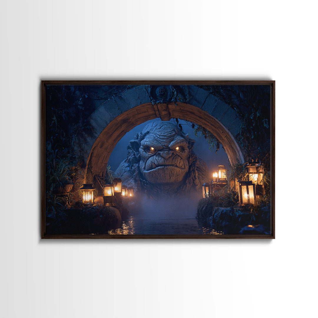 The Bridge Troll At Midnight, Landscape Wall Art, Gothic Horror Wall Art, Framed Canvas Print, Halloween Wall Decor, Gothic Home Decor