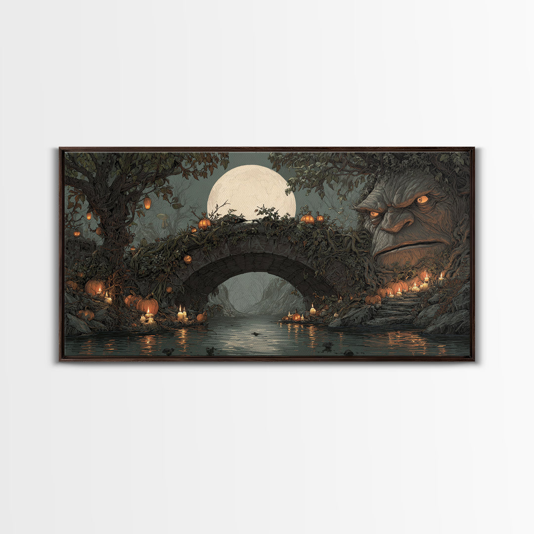 The Bridge Troll At Midnight, Wide Panoramic Art, Dark Fantasy Wall Art, Canvas Print, Halloween Wall Decor, Gothic Home Decor
