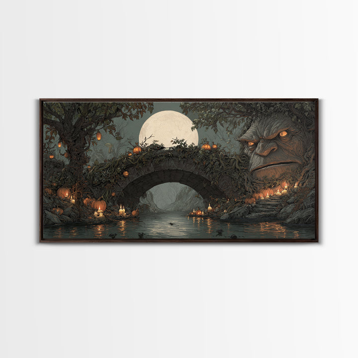The Bridge Troll At Midnight, Wide Panoramic Art, Dark Fantasy Wall Art, Canvas Print, Halloween Wall Decor, Gothic Home Decor