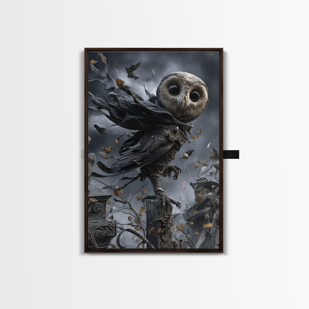 The Owl-Faced Omen, Vertical Wall Art, Spooky Home Decor, Canvas Print, Halloween Wall Decor, Gothic Home Decor, Macabre Wall Art
