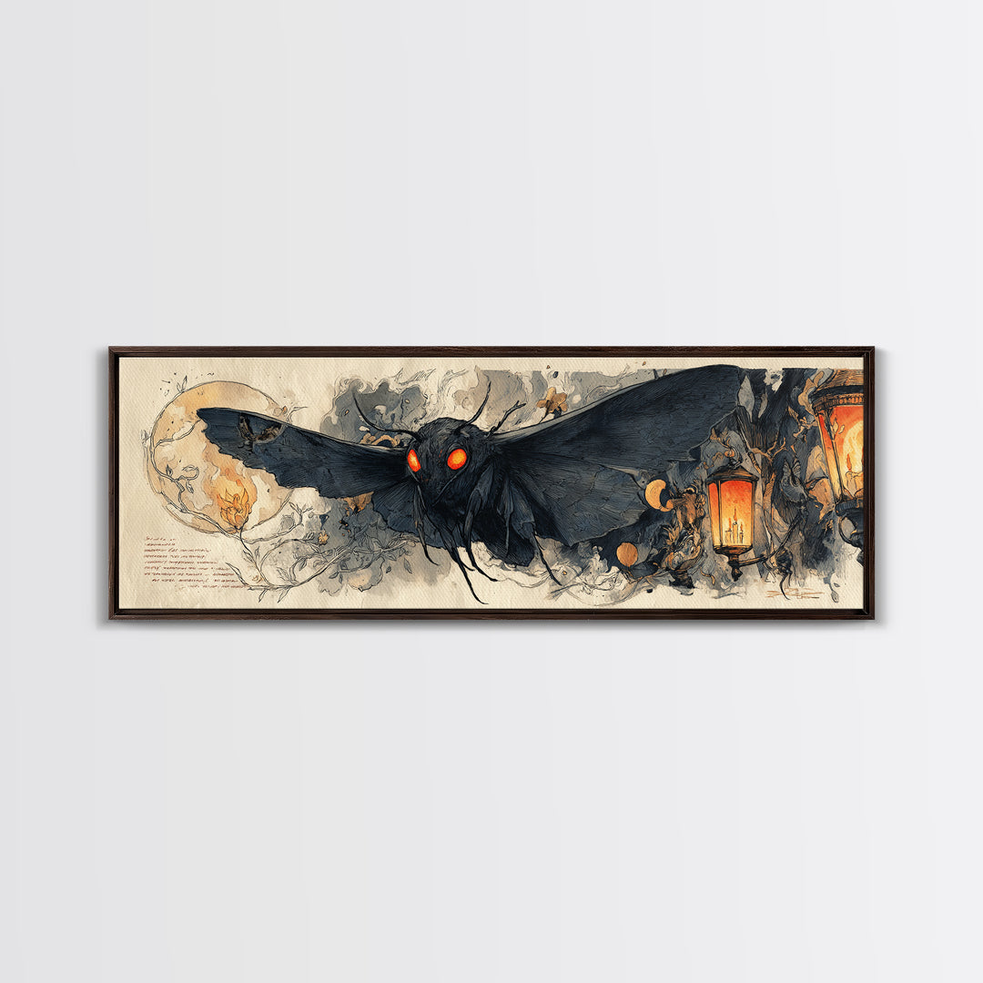 The Red-Eyed Moth Creature, Extra Wide Wall Art, Macabre Wall Art, Framed Canvas Print, Halloween Wall Decor, Gothic Home Decor