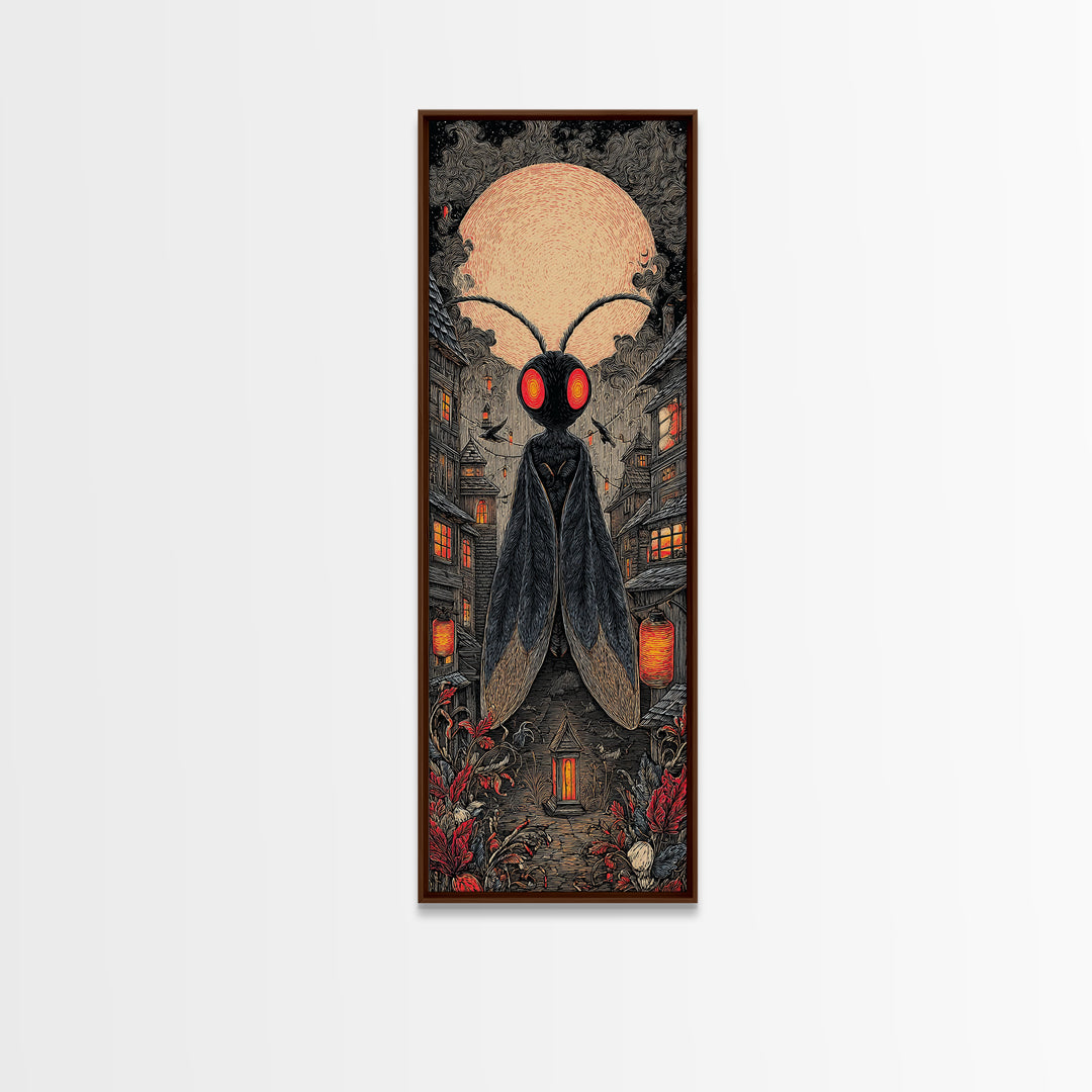 The Red-Eyed Moth Creature, Tall Narrow Wall Art, Spooky Home Decor, Canvas Print, Halloween Wall Decor, Gothic Home Decor