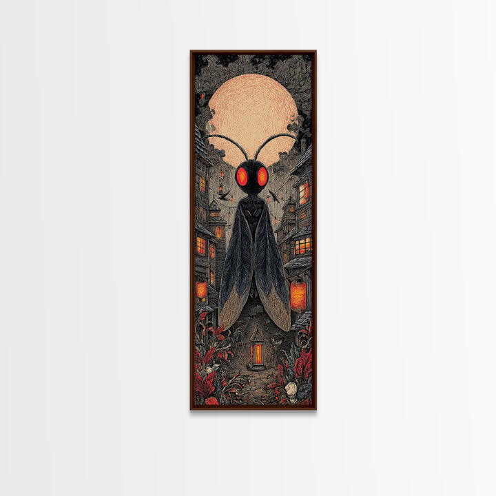 The Red-Eyed Moth Creature, Tall Narrow Wall Art, Spooky Home Decor, Canvas Print, Halloween Wall Decor, Gothic Home Decor