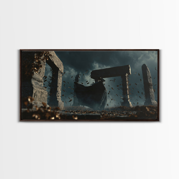 The Stone-Circle Spirit, Wide Panoramic Art, Gothic Horror Wall Art, Framed Canvas Print, Halloween Wall Decor, Gothic Home Decor