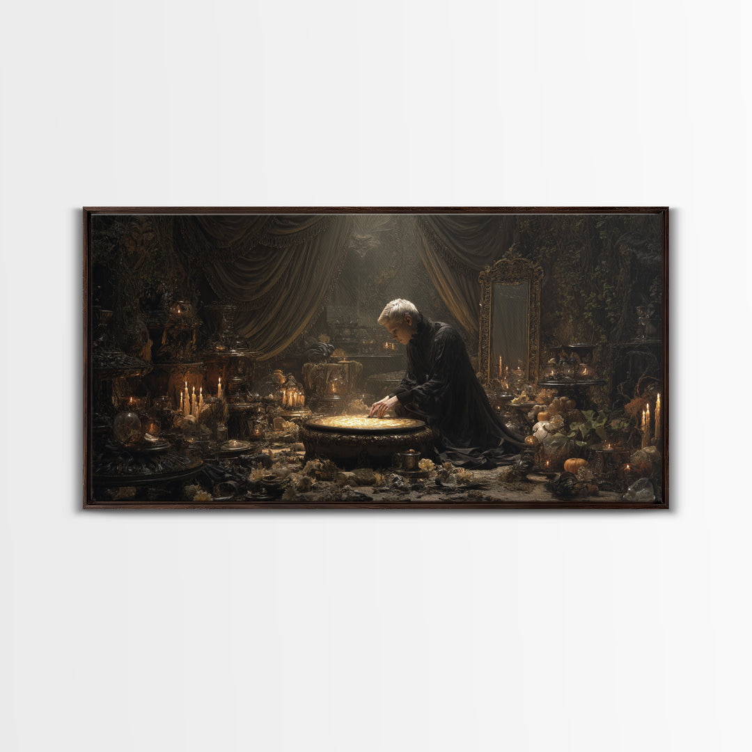 The Cave Oracle, Wide Panoramic Art, Haunted Gothic Art, Framed Canvas Print, Halloween Wall Decor, Gothic Home Decor