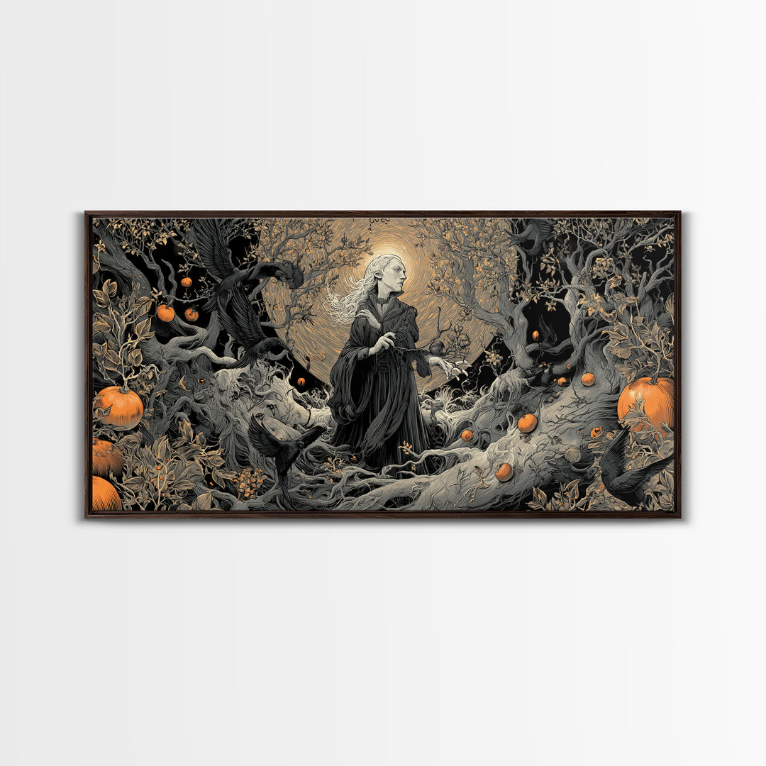 The Orchard Hag, Wide Panoramic Art, Gothic Horror Wall Art, Framed Canvas Print, Halloween Wall Decor, Gothic Home Decor
