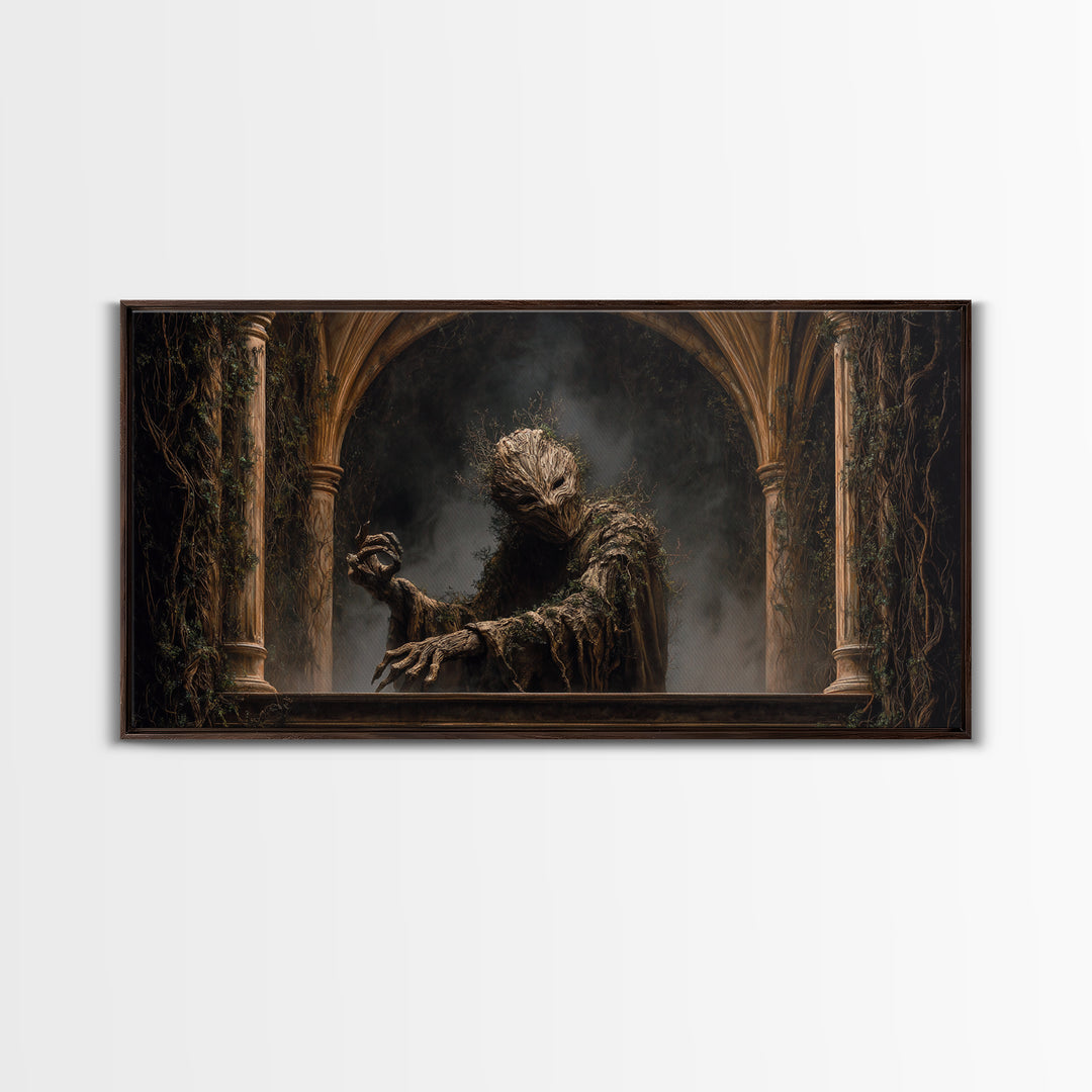 The Hollow-Tree Monster, Wide Panoramic Art, Macabre Wall Art, Framed Canvas Print, Halloween Wall Decor, Gothic Home Decor