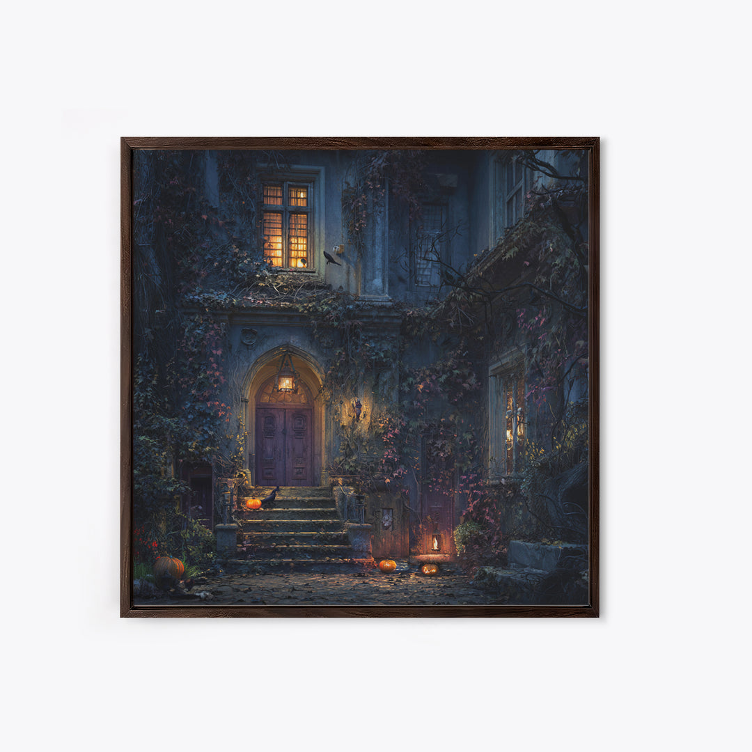 The Haunted Manor, Square Wall Art, Macabre Wall Art, Framed Canvas Print, Halloween Wall Decor, Gothic Home Decor, Collectible Wall Decor