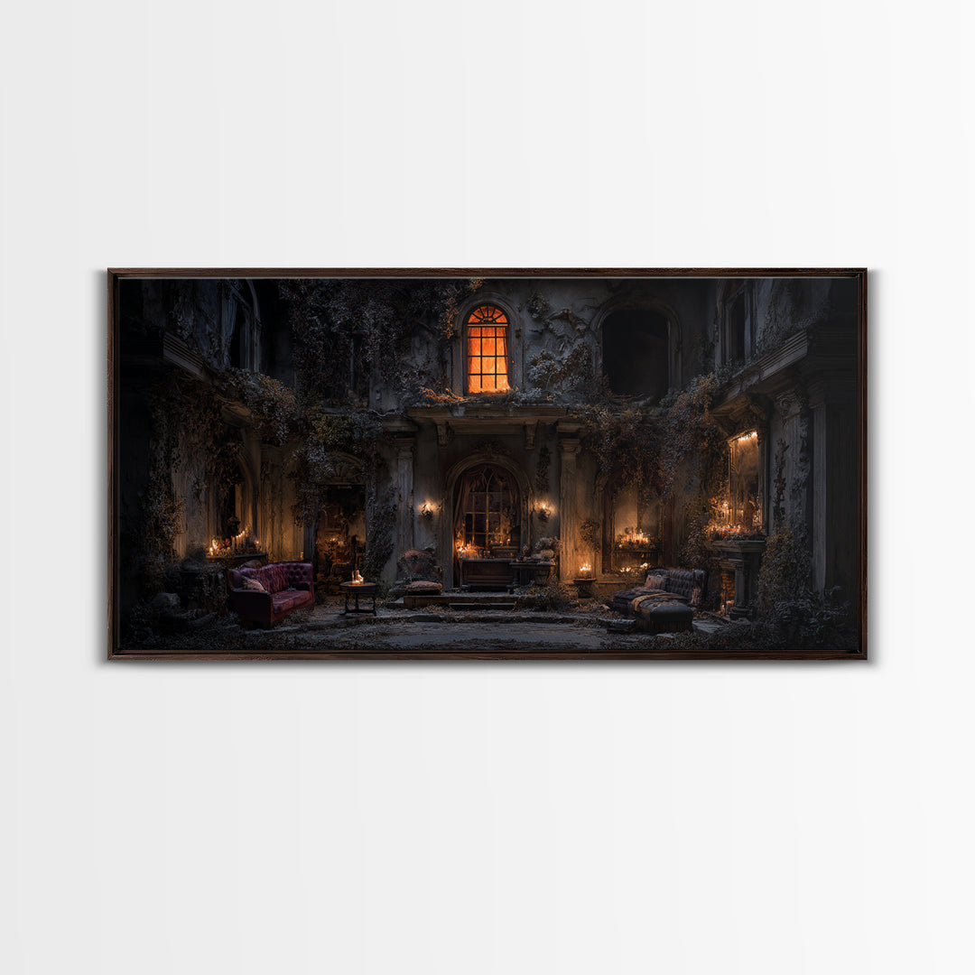 The Haunted Manor, Wide Panoramic Art, Macabre Wall Art, Framed Canvas Print, Halloween Wall Decor, Gothic Home Decor, Horror Wall Art