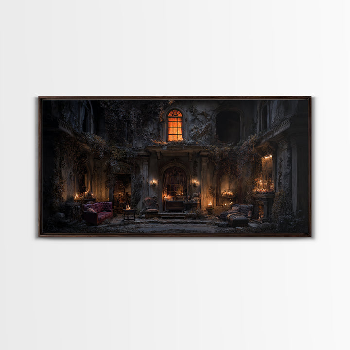 The Haunted Manor, Wide Panoramic Art, Macabre Wall Art, Framed Canvas Print, Halloween Wall Decor, Gothic Home Decor, Horror Wall Art